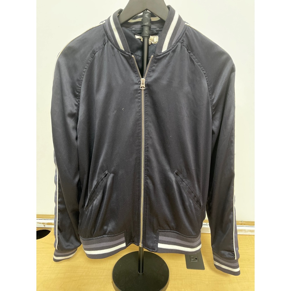 HM LOGG Navy Blue Satin Floral Embroidered Bomber Jacket Womens Size 4 Varsity